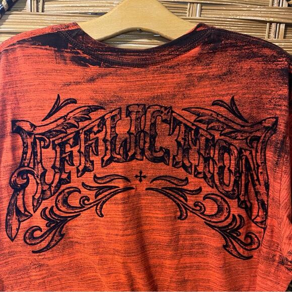 Affliction Men's Burnt Orange red Graphic Tee distressed biker tattoo MMA large - Picture 7 of 8
